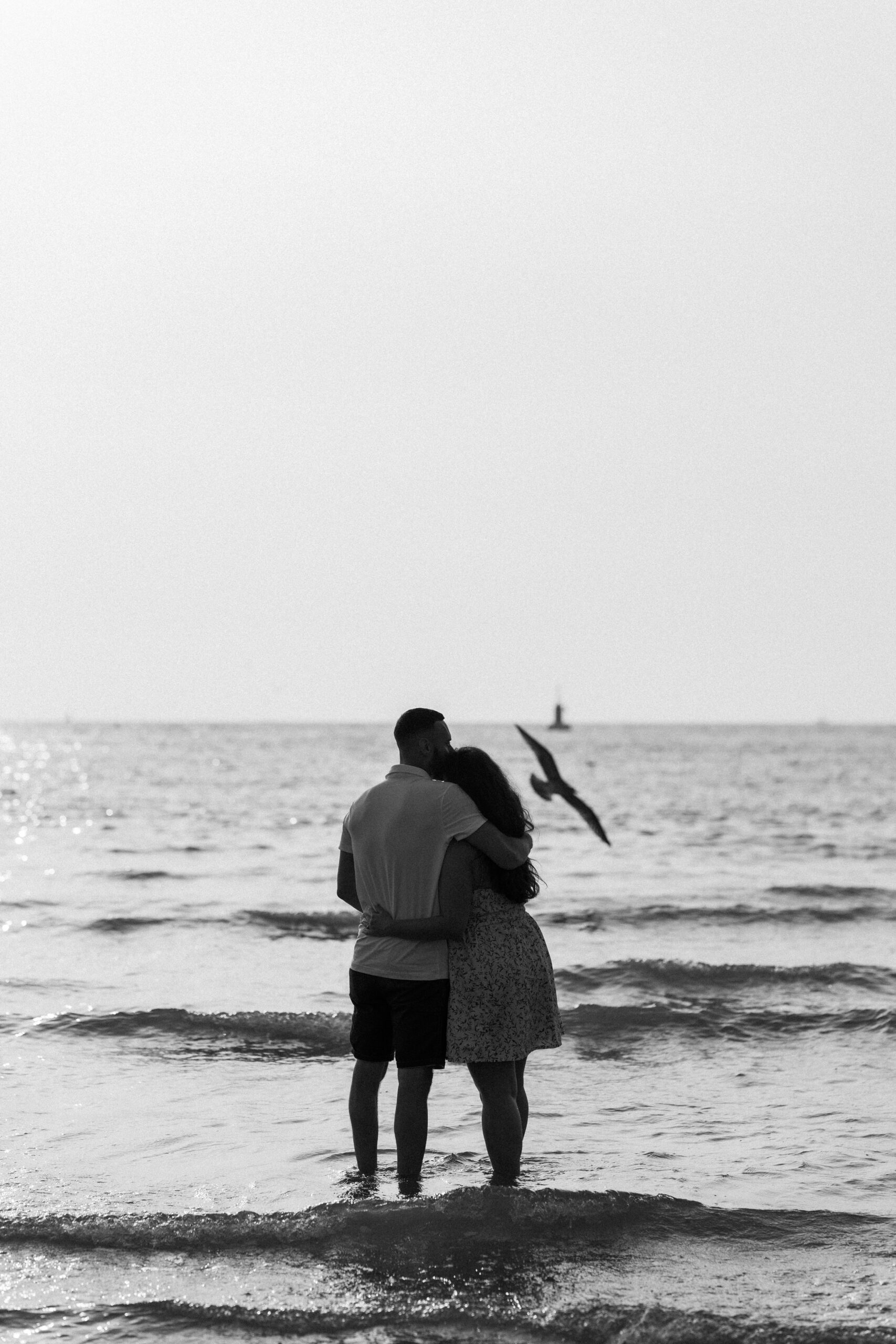 Photographie en noir et blanc d'un couple de futurs mariés enlacés dans les bras l'un de l'autre les pieds dans l'eau une mouette volant à côté d'eux sur la plage d'Ostende lors d'une séance photo de couple